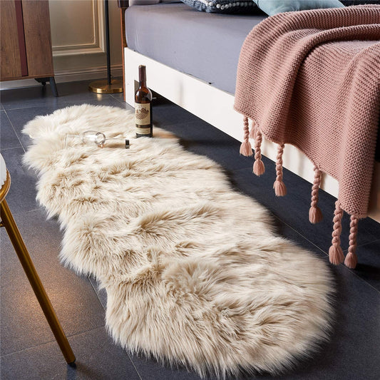 Cozy Comfort: Luxurious Beige Faux Fur Shag Rug & Chair Cover