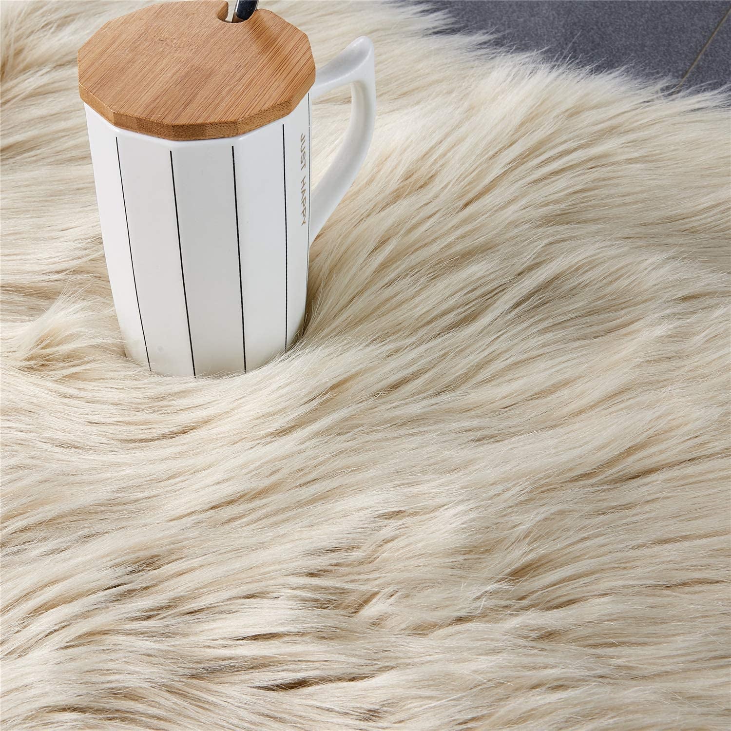 Cozy Comfort: Luxurious Beige Faux Fur Shag Rug & Chair Cover