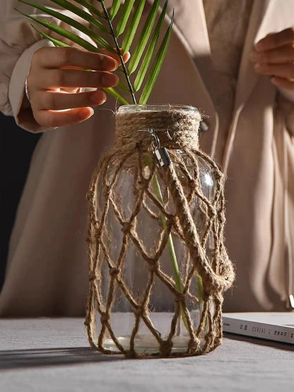 Boho Bliss: Rustic Rope-Handled Glass Vase for Dried Florals