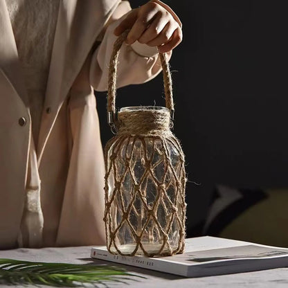 Boho Bliss: Rustic Rope-Handled Glass Vase for Dried Florals